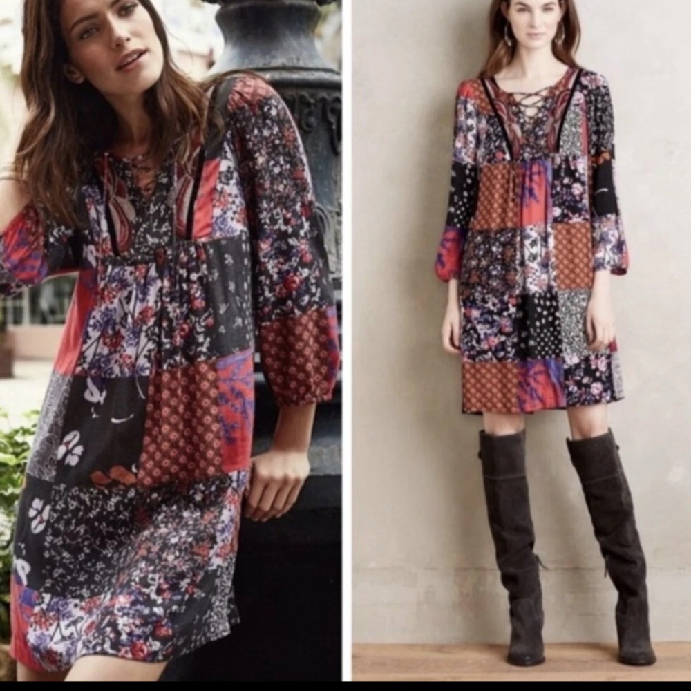 Anthropologie One September Colorful Boho Patchwork Tunic Boho Peasant Dress XS - Picture 3 of 8